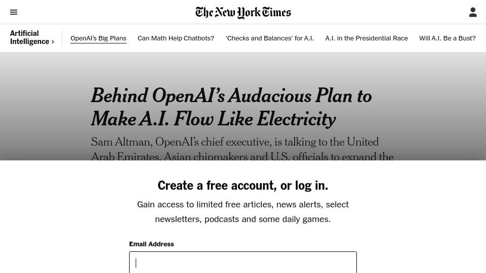 Screenshot of nytimes.com: Behind OpenAI's plan to make A.I. flow like electricity