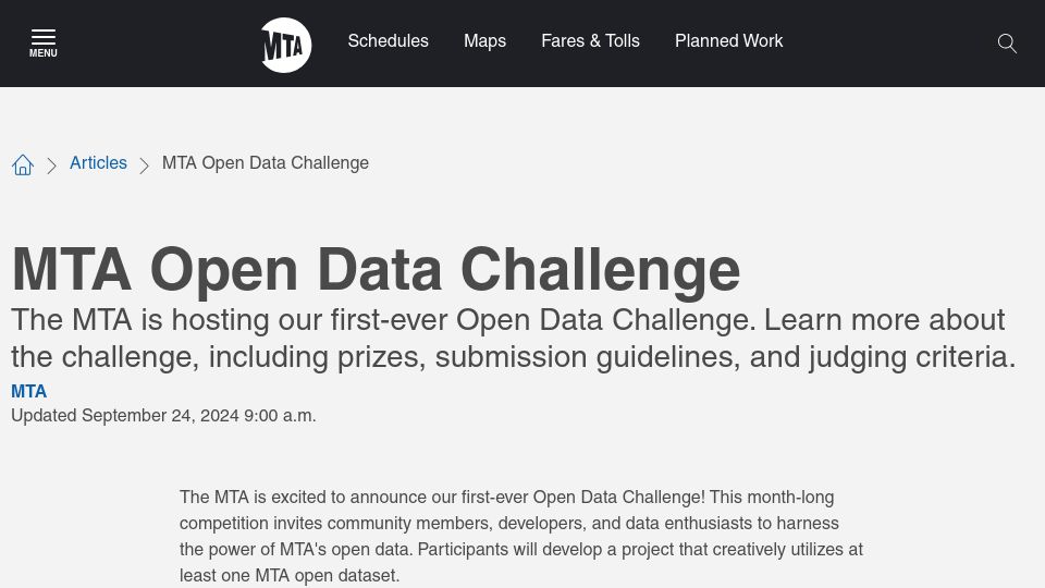 Screenshot of new.mta.info: MTA Open Data Challenge