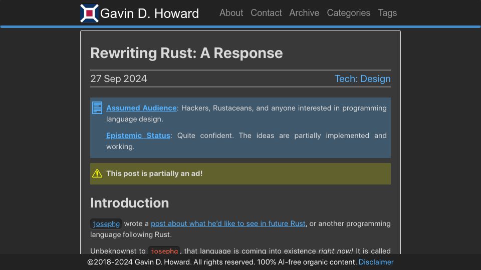 Screenshot of gavinhoward.com: Rewriting Rust: A Response