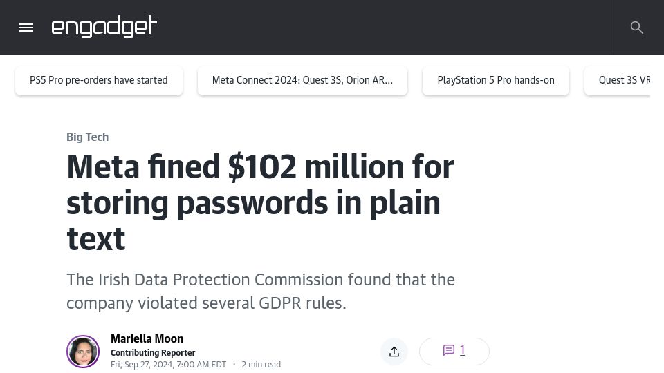 Screenshot of engadget.com: Meta fined $102M for storing passwords in plain text