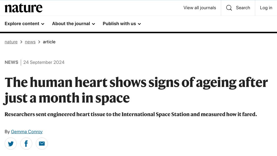 Screenshot of nature.com: The human heart shows signs of ageing after just a month in space