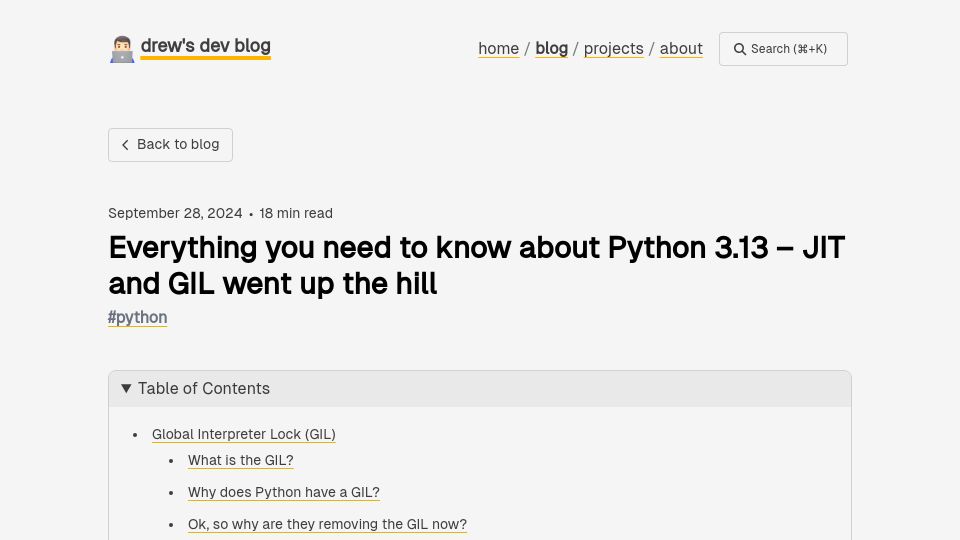Screenshot of drew.silcock.dev: Everything you need to know about Python 3.13 – JIT and GIL went up the hill