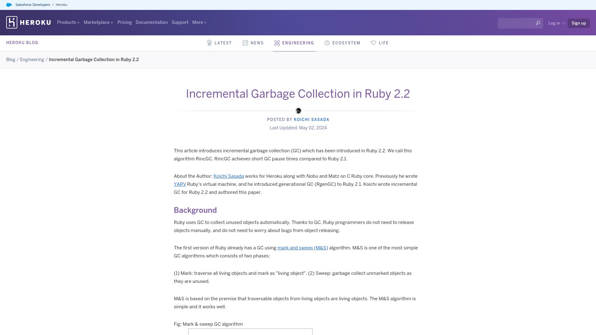 Screenshot of blog.heroku.com: Incremental Garbage Collection in Ruby 2.2 (2015)