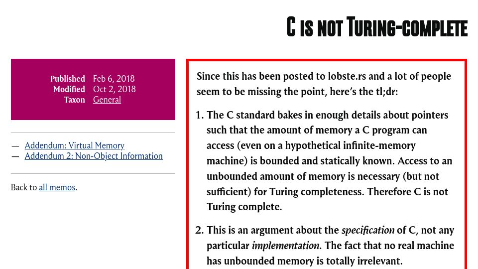 Screenshot of memo.barrucadu.co.uk: C is not Turing-complete (2018)