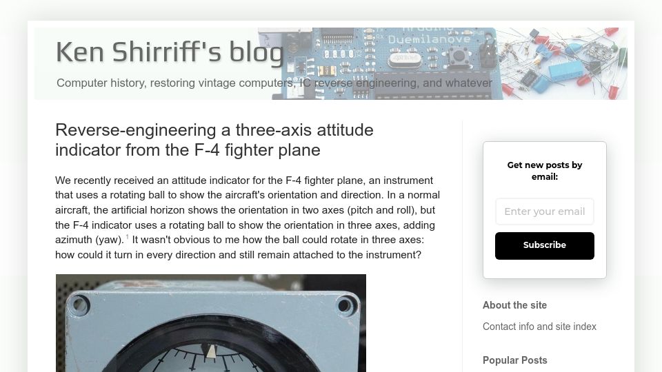 Screenshot of righto.com: Reverse-engineering a three-axis attitude indicator from the F-4 fighter plane