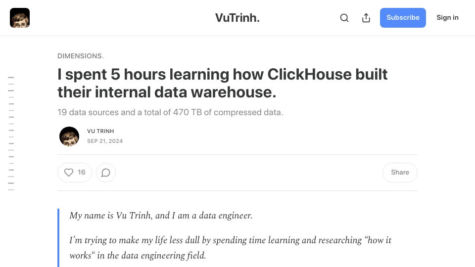 Screenshot of vutr.substack.com: I spent 5 hours learning how ClickHouse built their internal data warehouse
