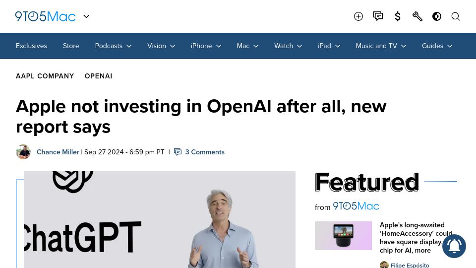 Screenshot of 9to5mac.com: Apple not investing in OpenAI after all, new report says