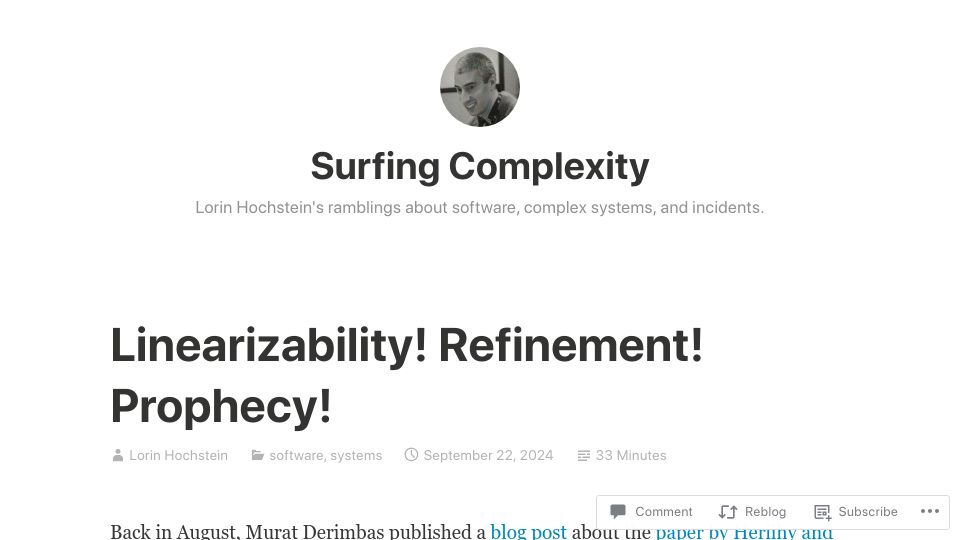 Screenshot of surfingcomplexity.blog: Linearizability Refinement Prophecy