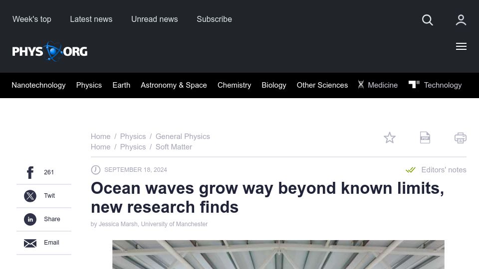 Screenshot of phys.org: Ocean waves grow way beyond known limits