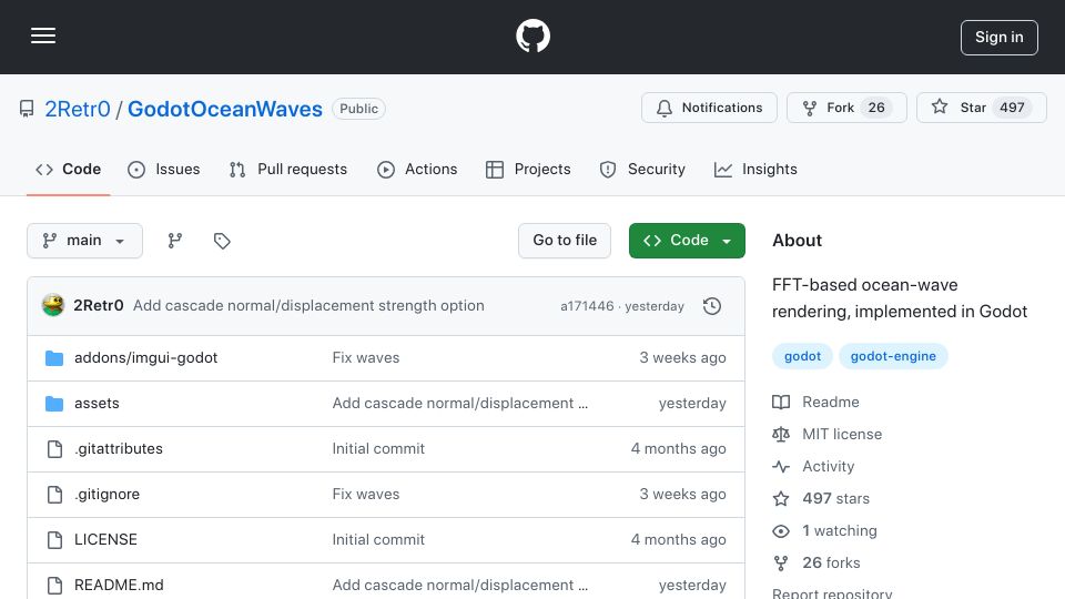 Screenshot of github.com: FFT-based ocean-wave rendering, implemented in Godot