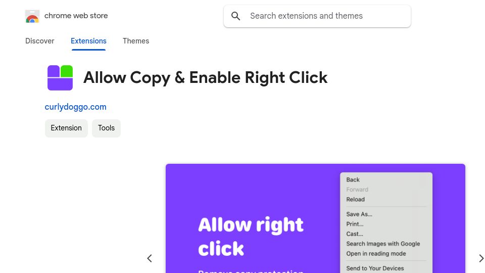 Screenshot of chromewebstore.google.com: Show HN: Enable right click and copy on websites that disabled it