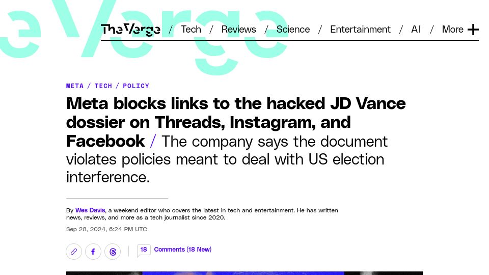 Screenshot of theverge.com: Meta blocks links to hacked JD Vance dossier over election interference concerns
