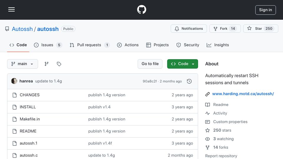 Screenshot of github.com: Autossh – automatically restart SSH sessions and tunnels