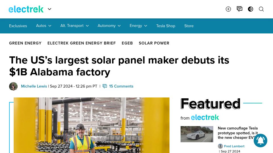 Screenshot of electrek.co: US' largest solar panel maker debuts its $1B Alabama factory