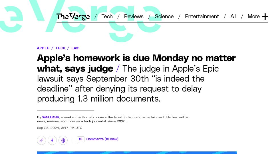Screenshot of theverge.com: Apple's homework is due Monday no matter what, says judge