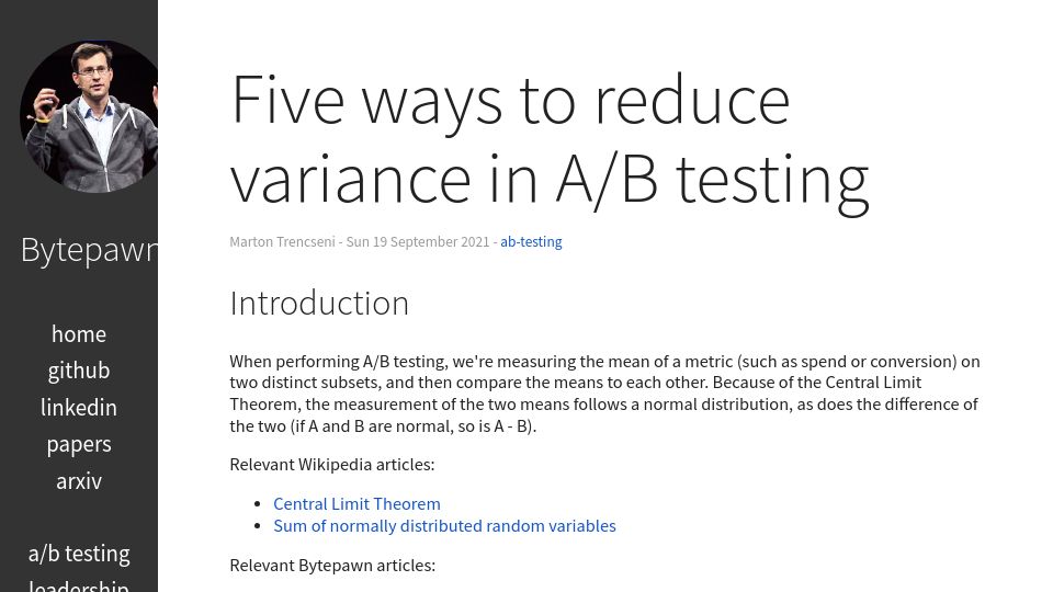 Screenshot of bytepawn.com: Five ways to reduce variance in A/B testing