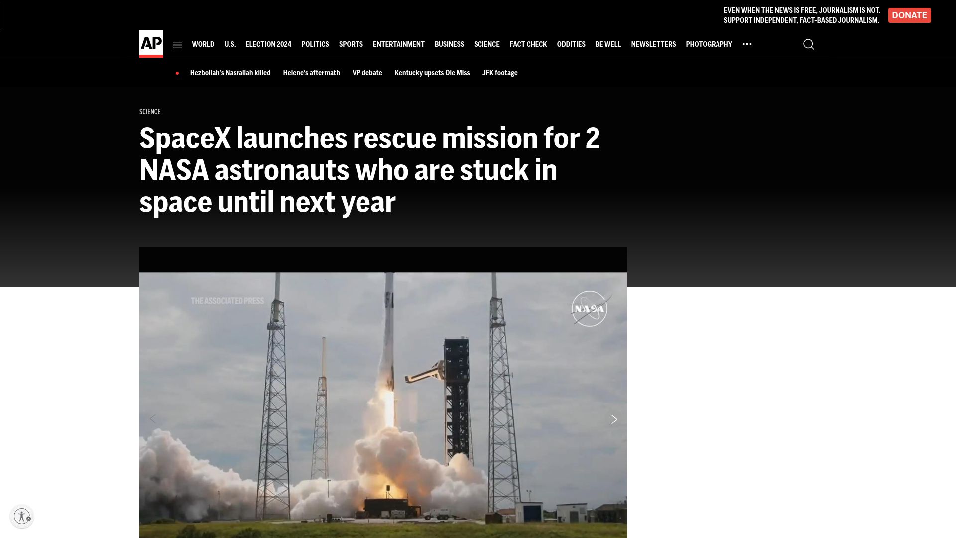Screenshot of apnews.com: SpaceX launches mission for 2 NASA astronauts who are stuck on the ISS