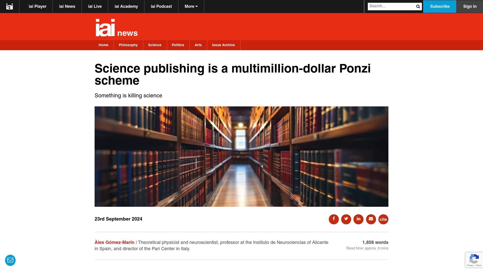 Screenshot of iai.tv: Scientific publishing has been gamed to advance scientists’ careers
