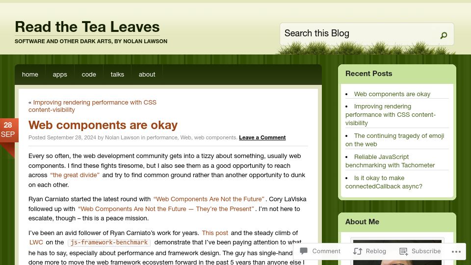 Screenshot of nolanlawson.com: Web components are okay