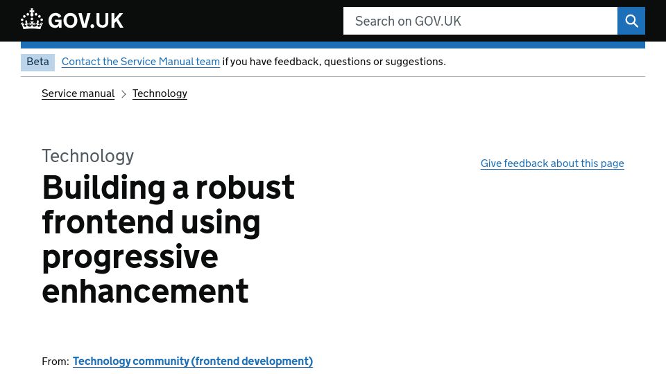 Screenshot of gov.uk: Building a robust frontend using progressive enhancement