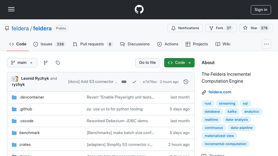 Screenshot of github.com: Feldera Incremental Compute Engine
