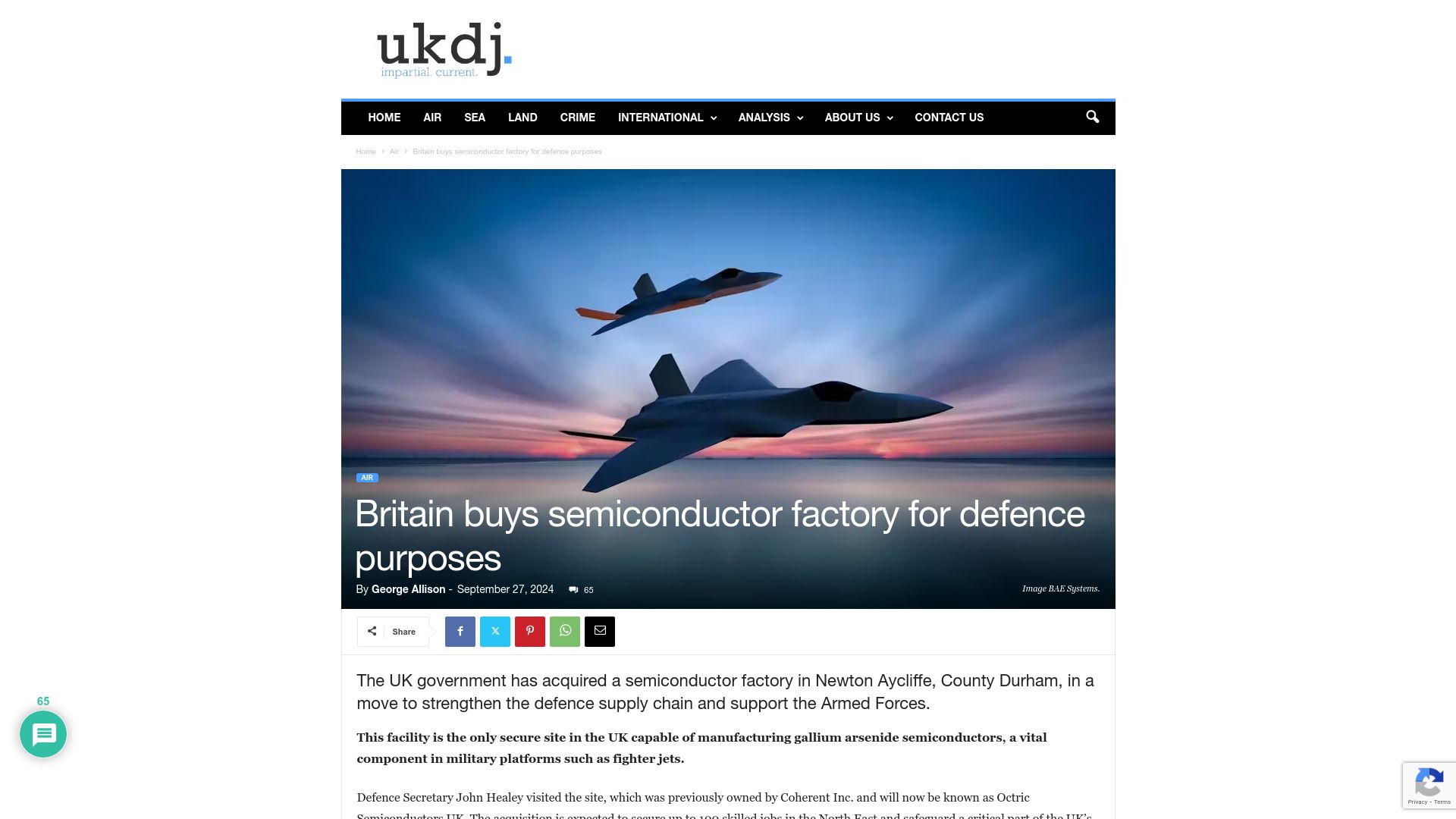 Screenshot of ukdefencejournal.org.uk: Britain buys semiconductor factory for defence purposes