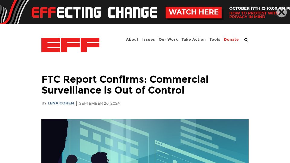 Screenshot of eff.org: FTC Report Confirms: Commercial Surveillance Is Out of Control