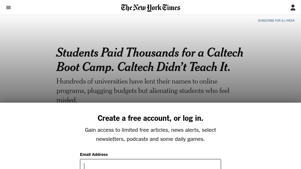 Screenshot of nytimes.com: Students Paid Thousands for a Caltech Boot Camp. Caltech Didn't Teach It
