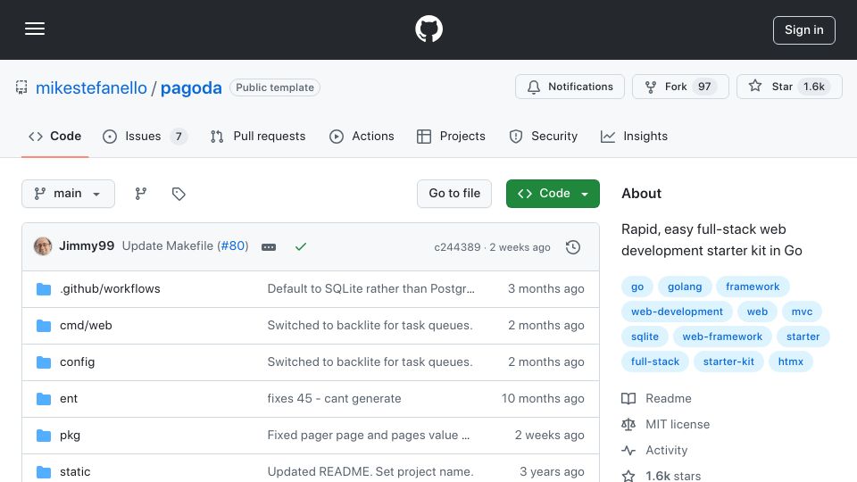 Screenshot of github.com: Pagoda: Rapid, easy full-stack web development starter kit in Go