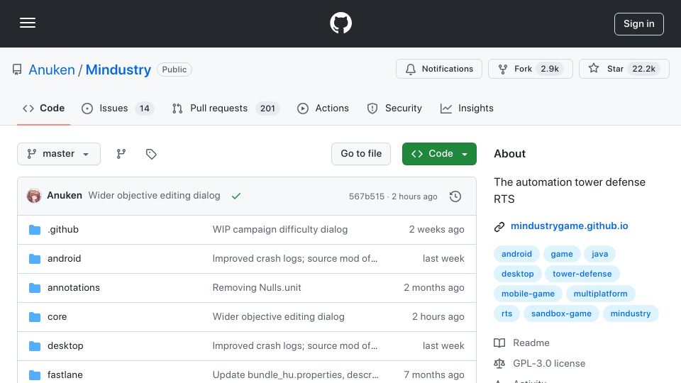 Screenshot of github.com: Mindustry: Automation Tower Defense RTS with Deep Strategy and Modding