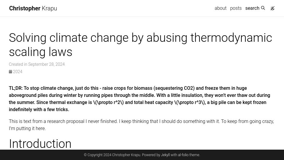 Screenshot of ckrapu.github.io: Solving climate change by abusing thermodynamic scaling laws