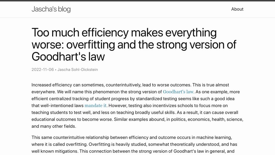 Screenshot of sohl-dickstein.github.io: Too much efficiency makes everything worse (2022)