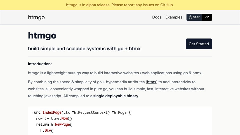 Screenshot of htmgo.dev: Show HN: htmgo - build simple and scalable systems with golang + htmx
