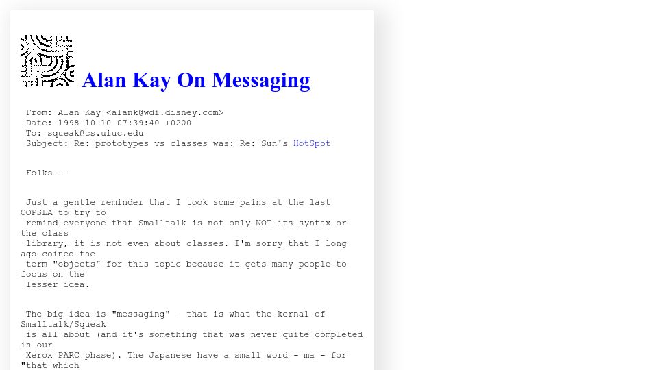 Screenshot of wiki.c2.com: Alan Kay on Messaging (1998)