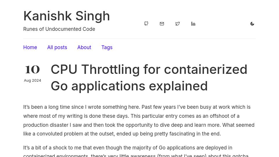 Screenshot of kanishk.io: CPU Throttling for containerized Go applications explained