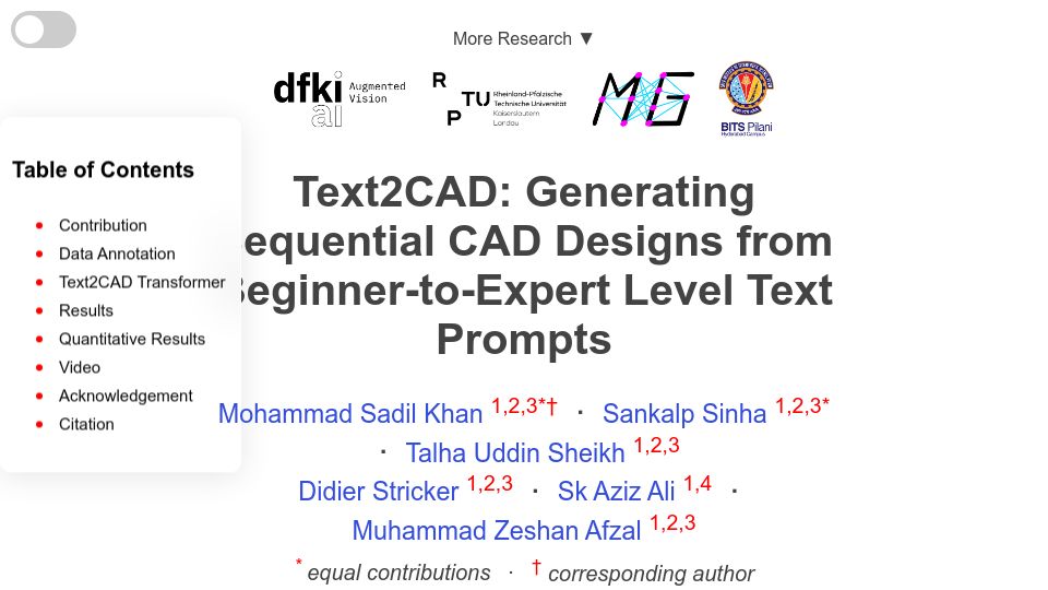 Screenshot of sadilkhan.github.io: Text2CAD: Generating sequential cad designs from text prompts