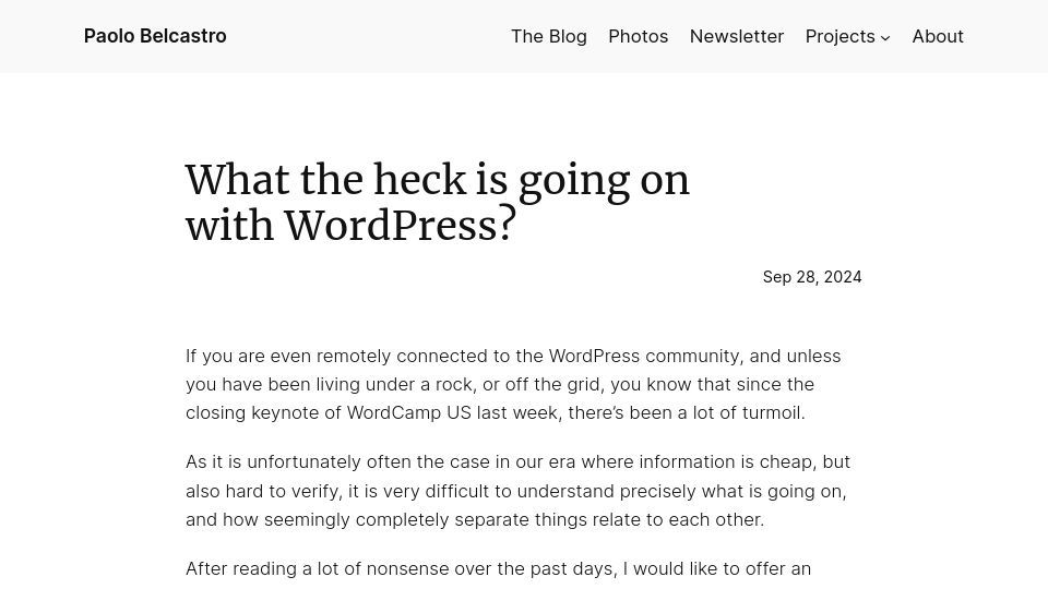 Screenshot of paolo.blog: What the heck is going on with WordPress?