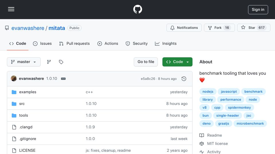 Screenshot of github.com: Show HN: Mitata – Benchmarking tooling for JavaScript