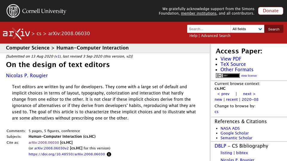 Screenshot of arxiv.org: On the design of text editors (2020)