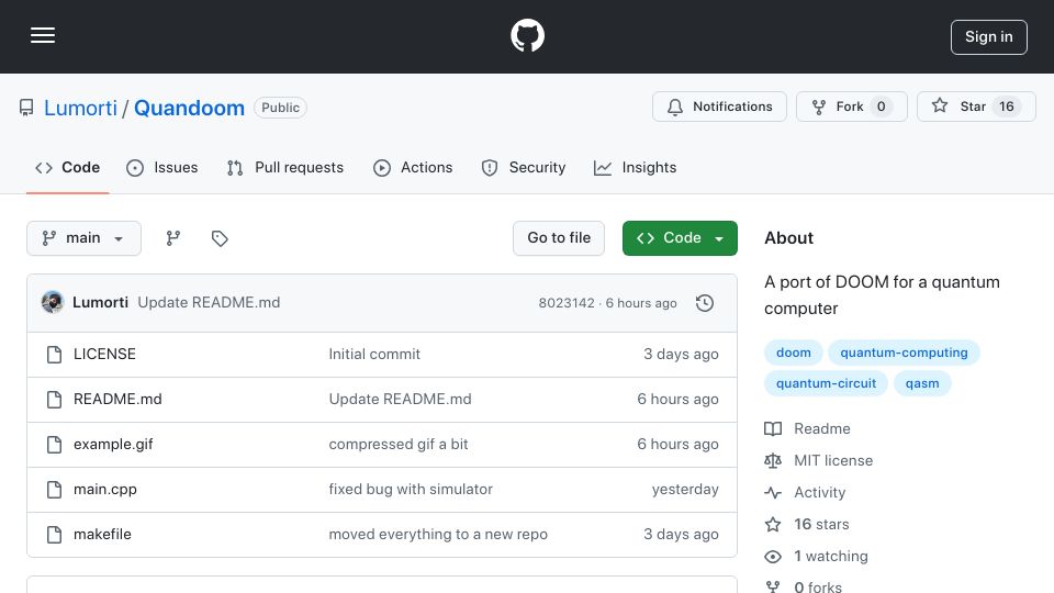 Screenshot of github.com: Quandoom: A port of DOOM for a quantum computer