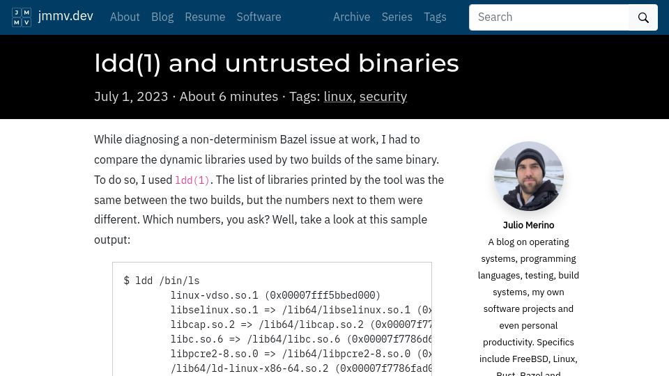 Screenshot of jmmv.dev: Ldd(1) and Untrusted Binaries (2023)