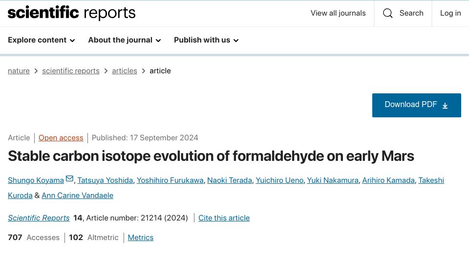 Screenshot of nature.com: Stable carbon isotope evolution of formaldehyde on early Mars
