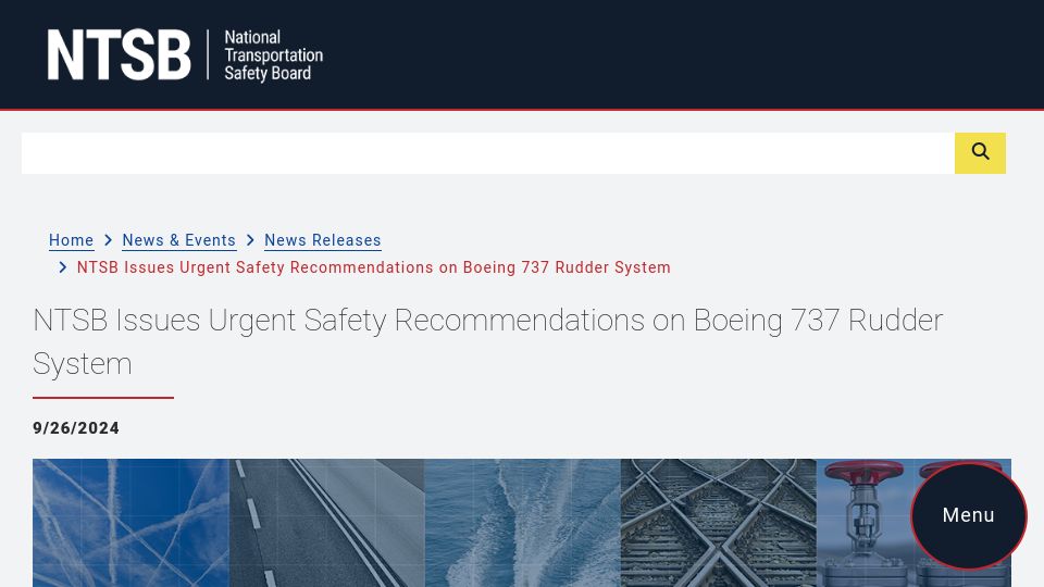 Screenshot of ntsb.gov: NTSB Issues Urgent Safety Recommendations on Boeing 737 Rudder System