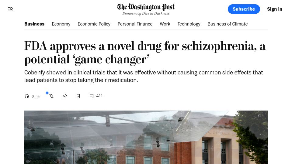 Screenshot of washingtonpost.com: FDA approves a novel drug for schizophrenia