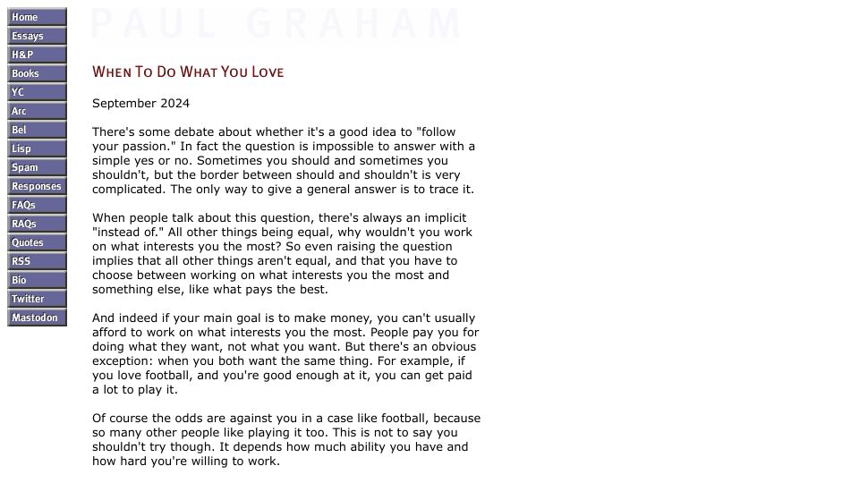 Screenshot of paulgraham.com: When To Do What You Love