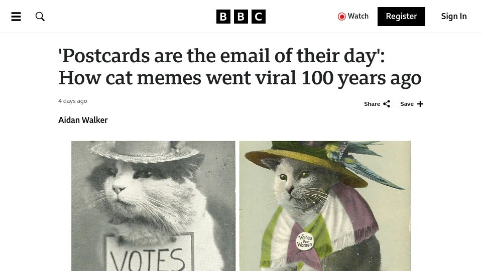 Screenshot of bbc.com: Cat memes went viral 100 years ago