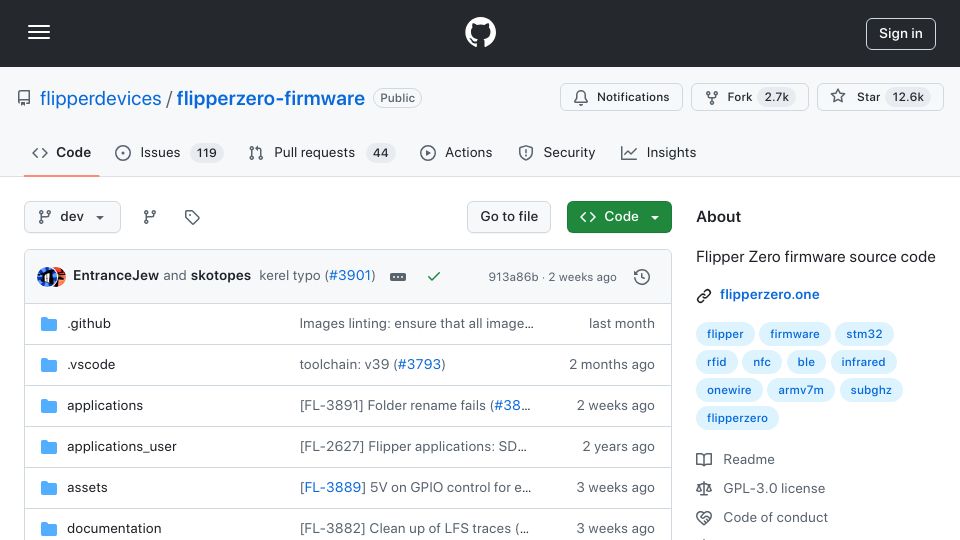Screenshot of github.com: Open-Source Flipper Zero Firmware: Unlock Your Device's Full Potential