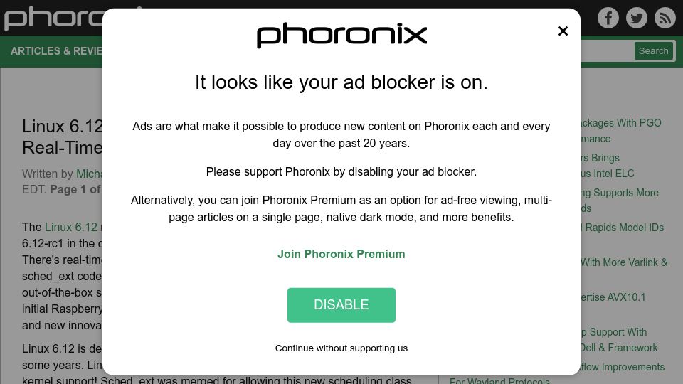 Screenshot of phoronix.com: Linux 6.12 Features Super Real-Time, Sched_ext, Intel Xe2 and Pi 5