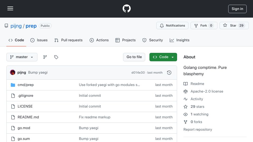 Screenshot of github.com: Prep: Golang Comptime