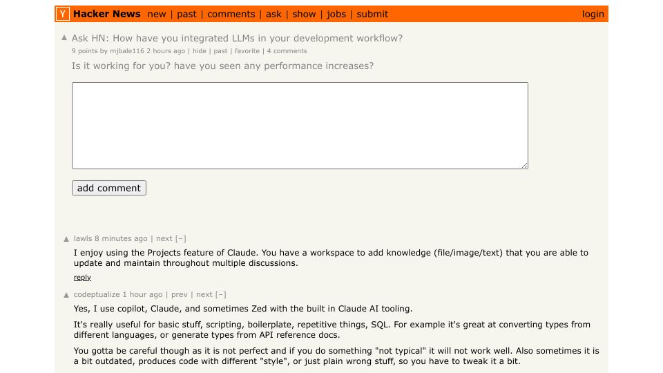 Screenshot of Hacker News post: Ask HN: How have you integrated LLMs in your development workflow?